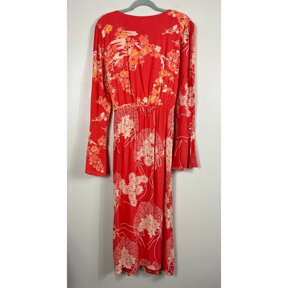 Free People Mixed Print Twist Dress in Red Combo Medium Midi Floral Chic NWT - Picture 7 of 13